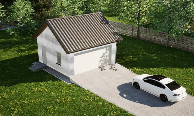 Garaż ERDOL G2 - Wersja lewa - Układ kalenicy równoległy z dachem dwuspadowym o kącie nachylenia 35 stopni - Brama segmentowa z napędem IO, sterowana pilotem - UniPro WIŚNIOWSKI - Bez styropianu, siatki i kleju - Biały