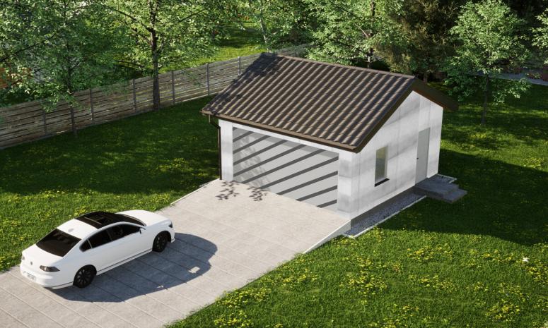 Garaż ERDOL G2 - Wersja prawa - Układ kalenicy równoległy z dachem dwuspadowym o kącie nachylenia 25 stopni - Bez bramy - Bez styropianu, siatki i kleju - Biały
