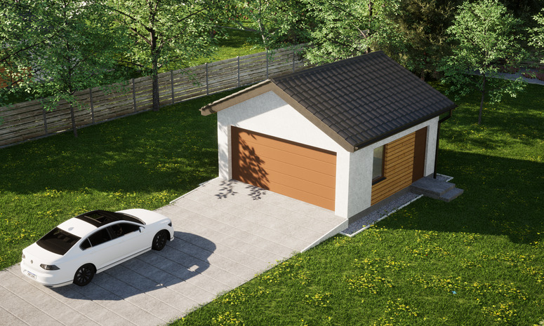 Garaż ERDOL G2 - Wersja prawa - Układ kalenicy prostopadły z dachem dwuspadowym o kącie nachylenia 25 stopni - Brama segmentowa z napędem IO, sterowana pilotem - UniPro WIŚNIOWSKI - Styropian, siatka i klej - Złoty dąb