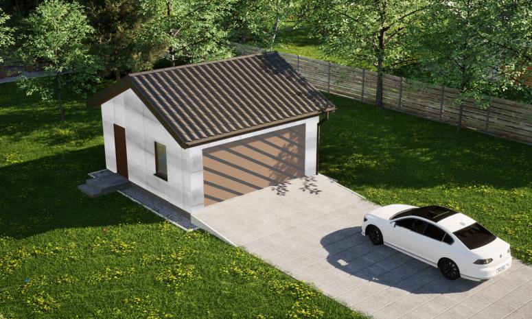 Garaż ERDOL G2 - Wersja lewa - Układ kalenicy równoległy z dachem dwuspadowym o kącie nachylenia 25 stopni - Bez bramy - Bez styropianu, siatki i kleju - Złoty dąb