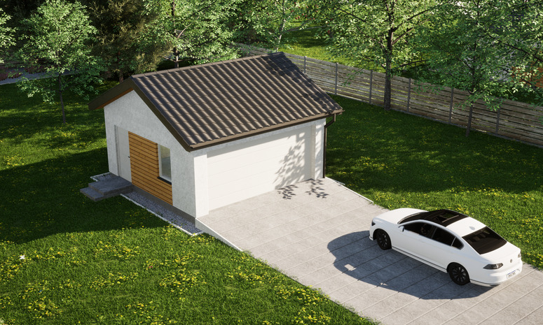 Garaż ERDOL G2 - Wersja lewa - Układ kalenicy równoległy z dachem dwuspadowym o kącie nachylenia 25 stopni - Brama segmentowa z napędem IO, sterowana pilotem - UniPro WIŚNIOWSKI - Styropian, siatka i klej - Biały