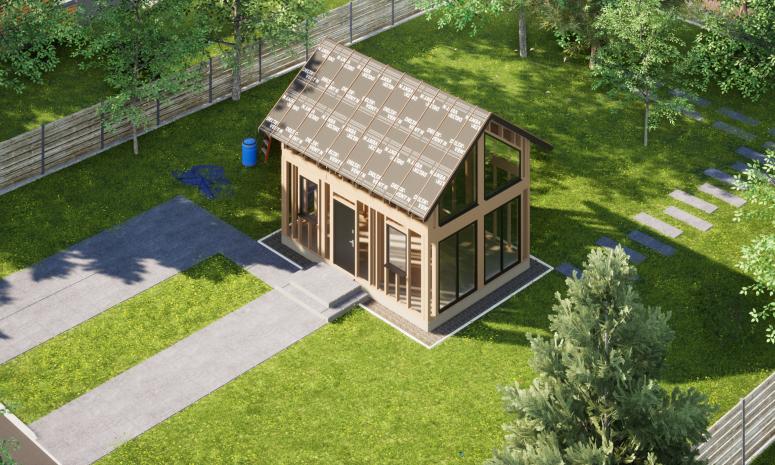 Projekt ERDOL Mini - gotowa konstrukcja - Dach z okapem - Z oknami i drzwiami wejściowymi (kolor antracyt) - Bez elewacji - Bez dachu - Bez zamkniętych ścian