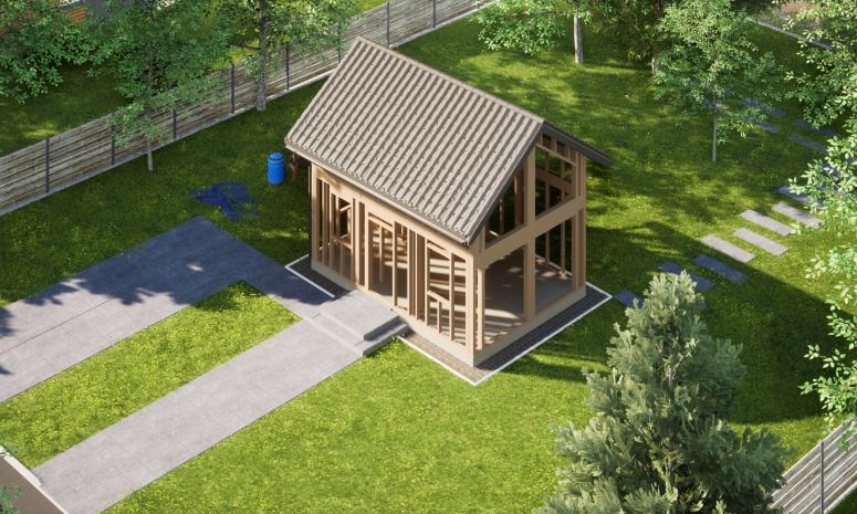 Projekt ERDOL Mini - gotowa konstrukcja - Dach z okapem - Bez okien i drzwi - Bez elewacji - Z dachem i rynnami - Bez zamkniętych ścian